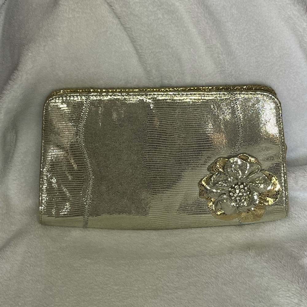 Vintage Carlos Falchi Snakeskin Gold Clutch With Wrist Chain Handle